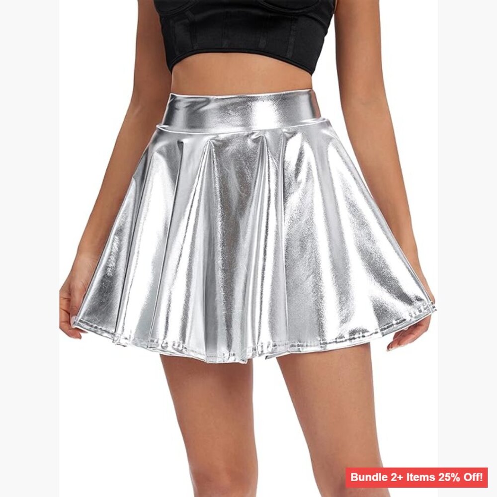 Shiny Flared Pleated Mini Skater Skirt Stretchy Polyester Spandex Regular Fit